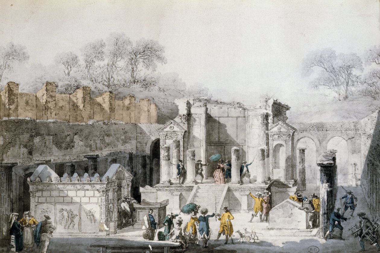 Turisták Ízisz templomában Pompeii romjaiban, 1779 (színes metszet) alkotó: Louis Jean Desprez