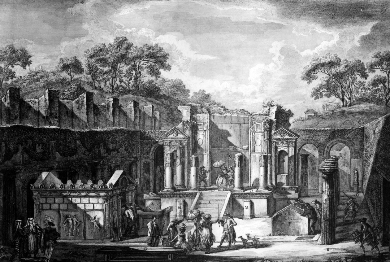 Ízisz templomának kilátása, Pompei, Francesco Piranesi metszet, 1788 alkotó: Louis Jean Desprez