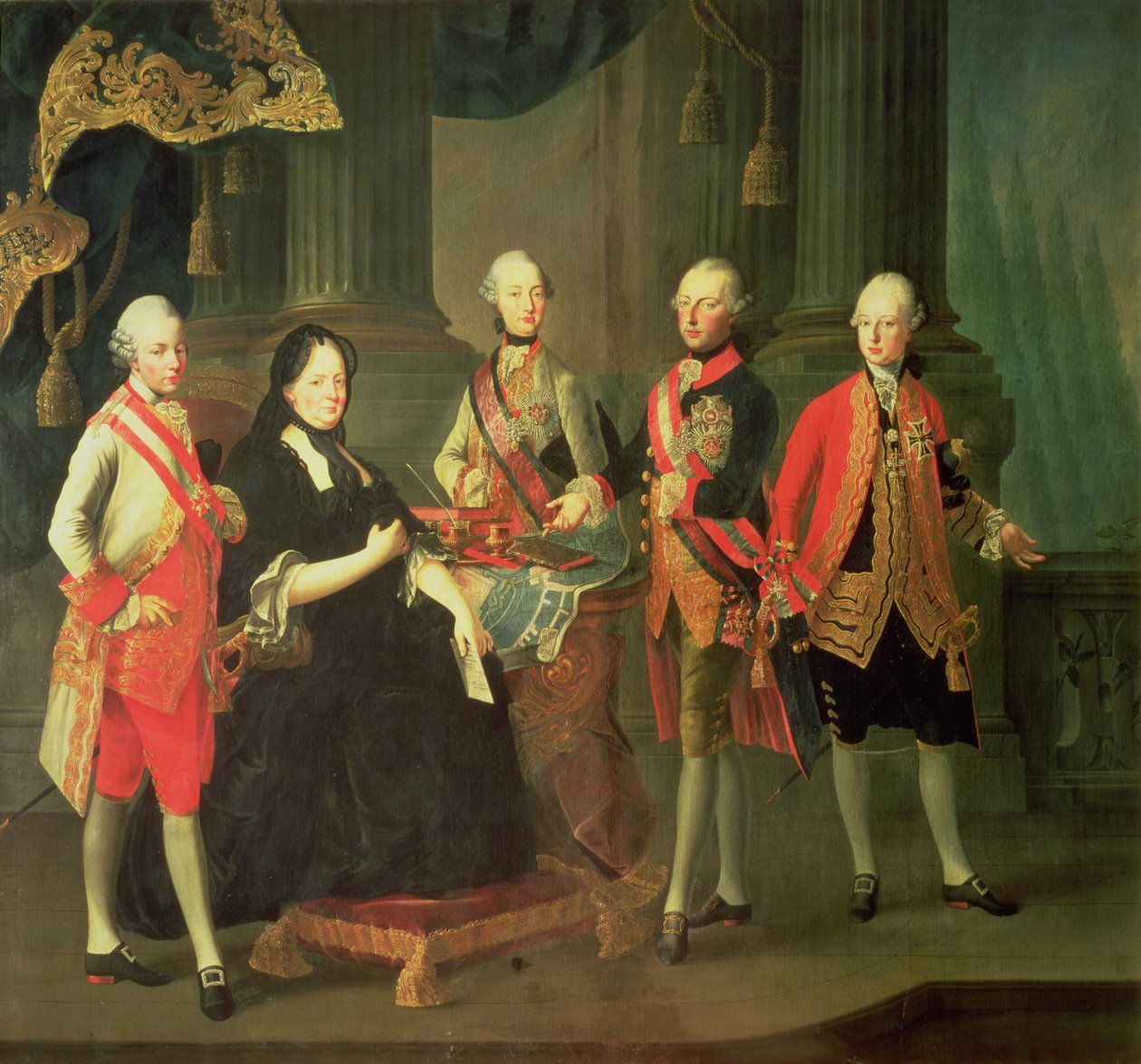 Mária Terézia osztrák császárné (1717-80) négy fiával; (LtoR) József (1741-90), Ferdinánd (1754-1806), Lipót (1747-92) és Maximilian (1756-1801) alkotó: Louis Joseph Maurice