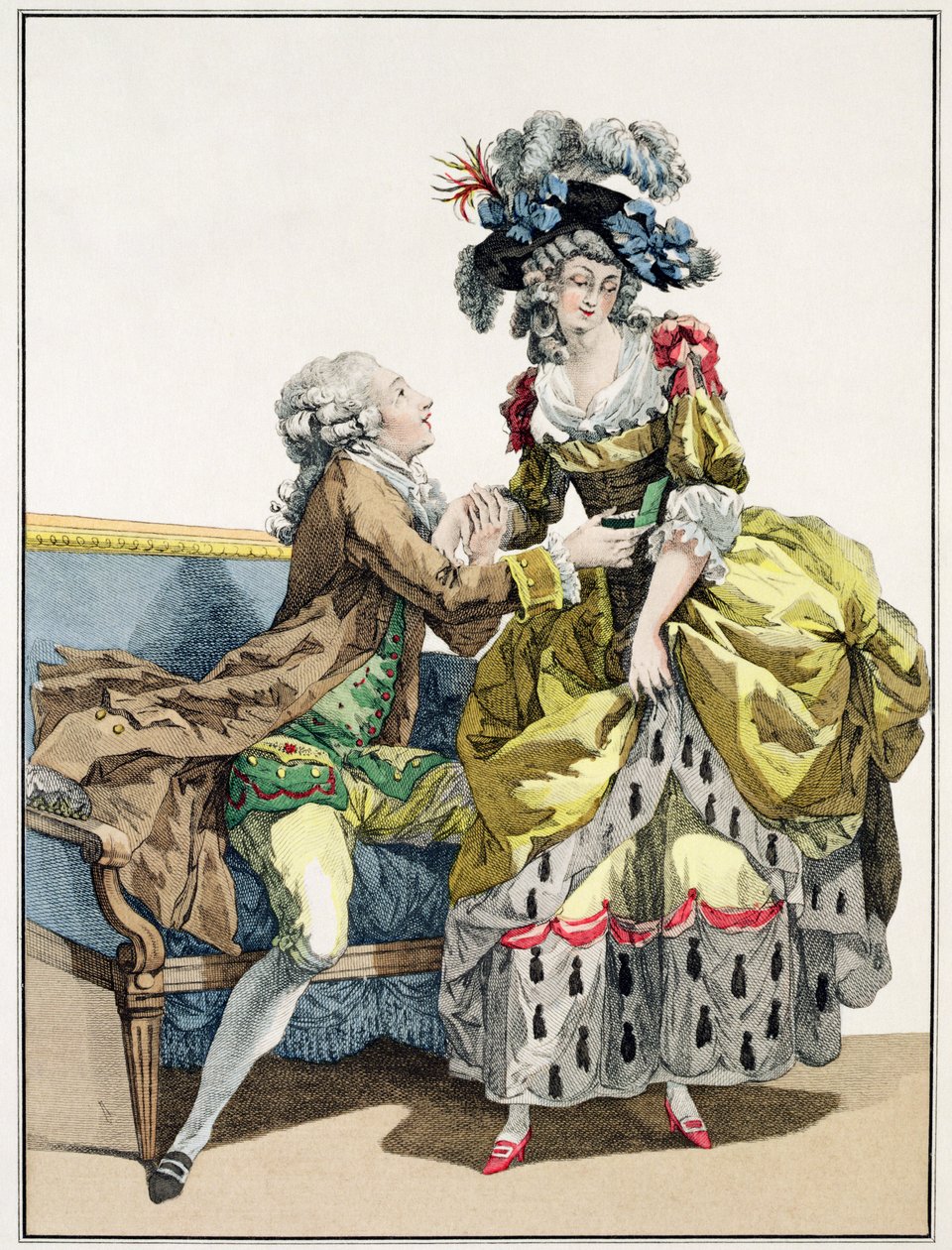 Elegáns úriember, aki "Margit" stílusú ruhában és kalapban "a la Henri IV", a "Galerie des Modes et Costumes Francais"-ból, Dupin metszete, 1778. alkotó: Francois Louis Joseph Watteau