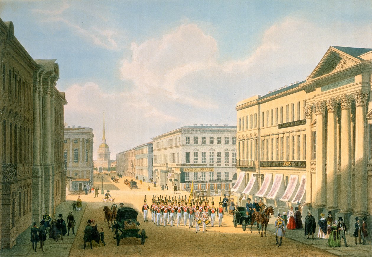A Rendőrhíd és a Nyevszkij sugárút Szentpéterváron, Lemercier nyomtatása, Párizs, 1840-es évek alkotó: Louis Jules Arnout