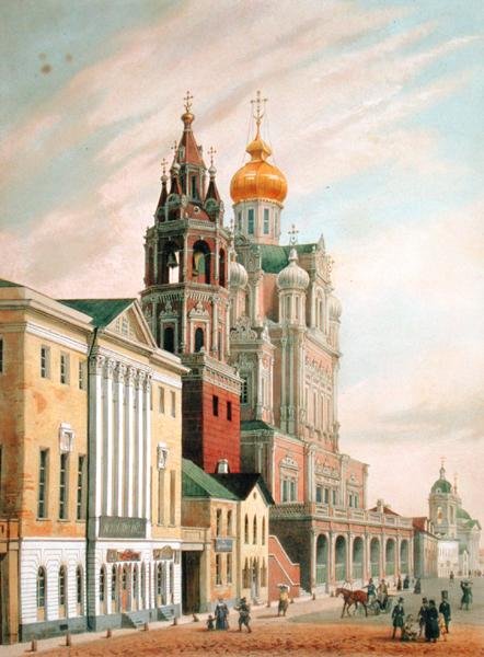 A moszkvai Pokrovskaya utcában található Mennybemenetele templom, Lemercier nyomtatása, Párizs, 1840-es évek alkotó: Louis Jules after Arnout