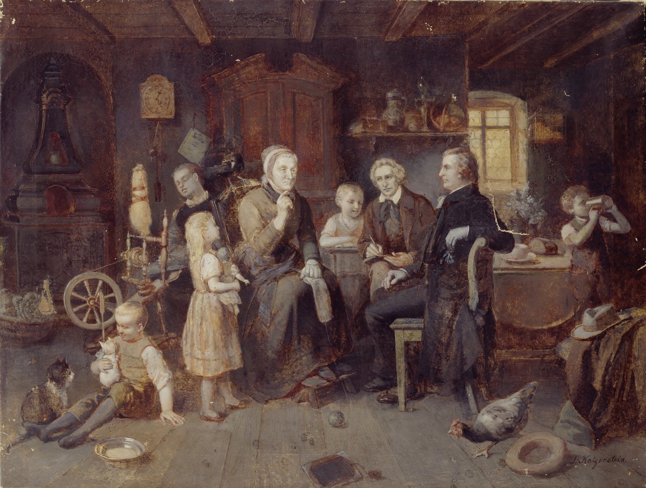 A Grimm testvérek a mesebeli hölgyeknél c. 1894 alkotó: Louis Katzenstein