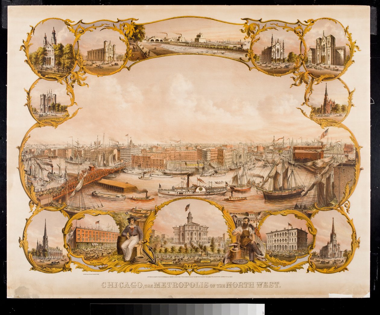 Chicagó litográfiája nevezetes épületekkel, 1864 alkotó: Louis Kurtz