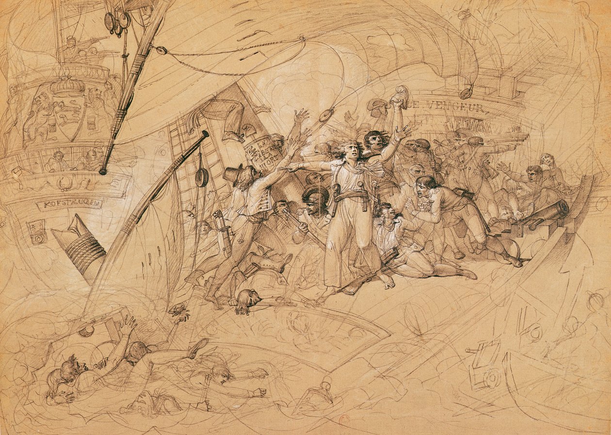 A "Le Avengeur du Peuple" elsüllyed az ouessant-i csatában, 1794. június 1. (grafit papíron) alkotó: Louis Lafitte