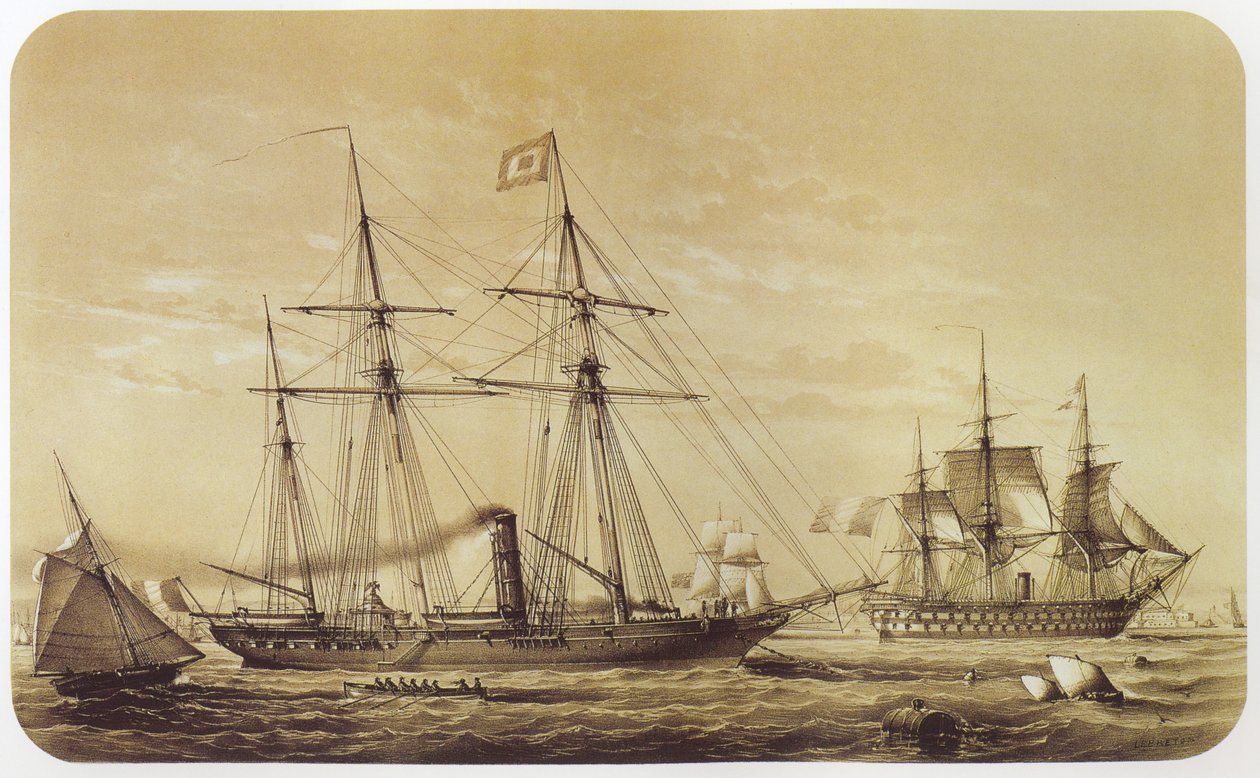 A Reine Hortense, III. Napóleon császári jachtja. A háttérben az Austerlitz vonalának hajója látható alkotó: Louis Le Breton