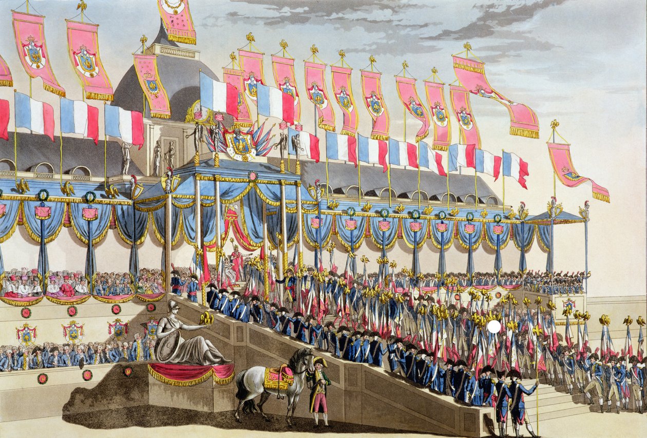 Szent Fesztivál és Birodalmi Felségük koronázása, A Champ du Mars melletti Ecole Militaire előtti díszek megtekintése, Francois Aubertin (1783-1821) metszete, 1806. alkotó: Louis Le Coeur
