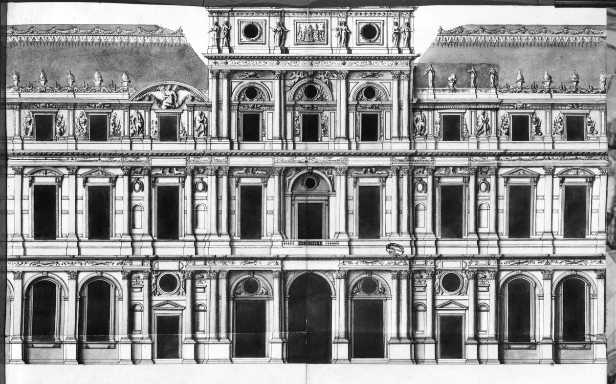 A Louvre: A pavilon emelése a folyó közepén, 1660-63 körül (toll, tinta és mosás papíron) alkotó: Louis Le Vau