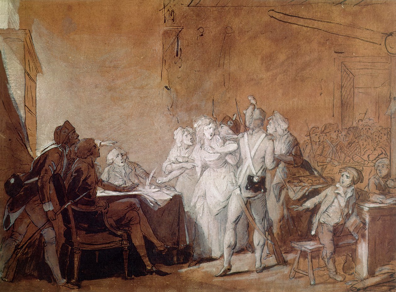 Charlotte Corday letartóztatása (toll, tinta és WC papíron) alkotó: Louis Leopold Boilly