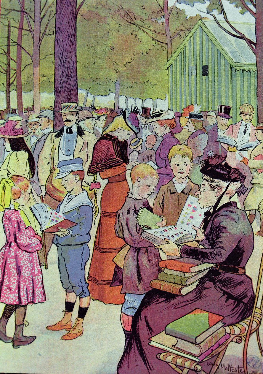 Párizsi bélyegpiac, 1897 (színes metszet) alkotó: Louis Malteste