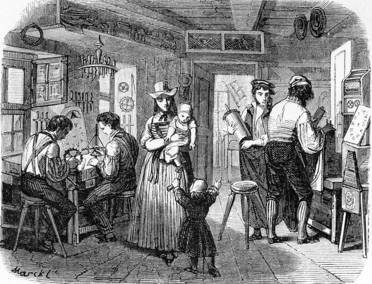 A Fekete-erdő órakészítői, illusztráció E. Guinot „A nyár Baden Badenben” című művéből, Bertrand nyomat, c. 1850 alkotó: Louis Marckl