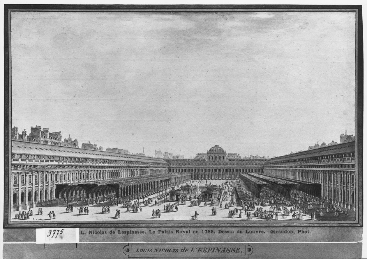 A Palais Royal kertje, 1785 (wc, toll és szürke tinta papíron) alkotó: Louis Nicolas de Lespinasse