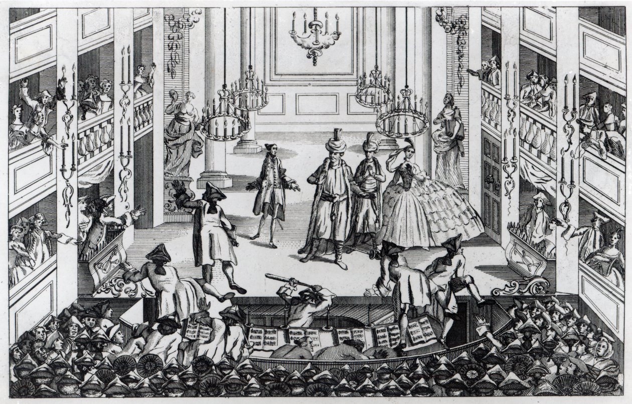 Zavargás a Covent Garden Színházban 1763-ban, amiatt, hogy a vezetők nem voltak hajlandók féláron engedni az Artaxerxész operájába alkotó: Louis Philippe Boitard