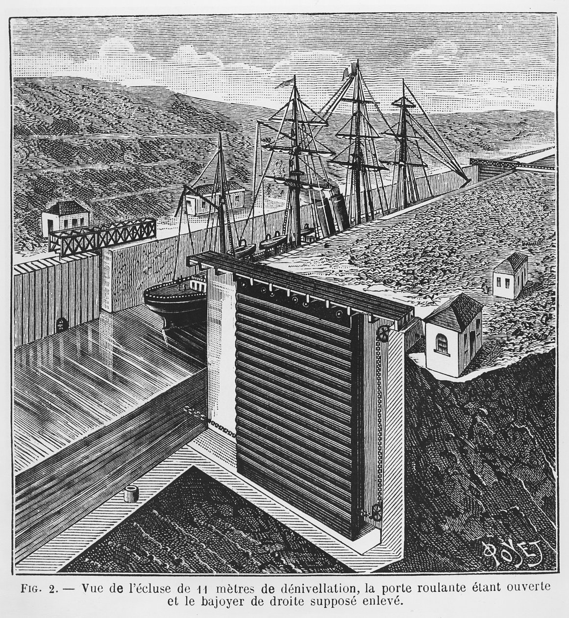 Gustave Eiffel (1832-1923) tervei a Panama-csatorna záraihoz, illusztráció a „Le Genie Civil” magazinból, 1888 (bw fotó a metszetről) alkotó: Louis Poyet