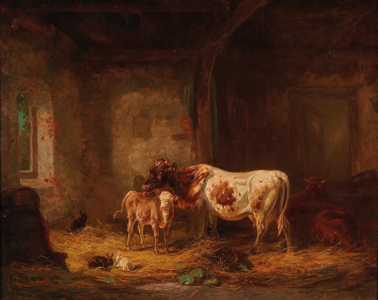 Tehenek és nyulak az istállóban alkotó: Louis Reinhardt