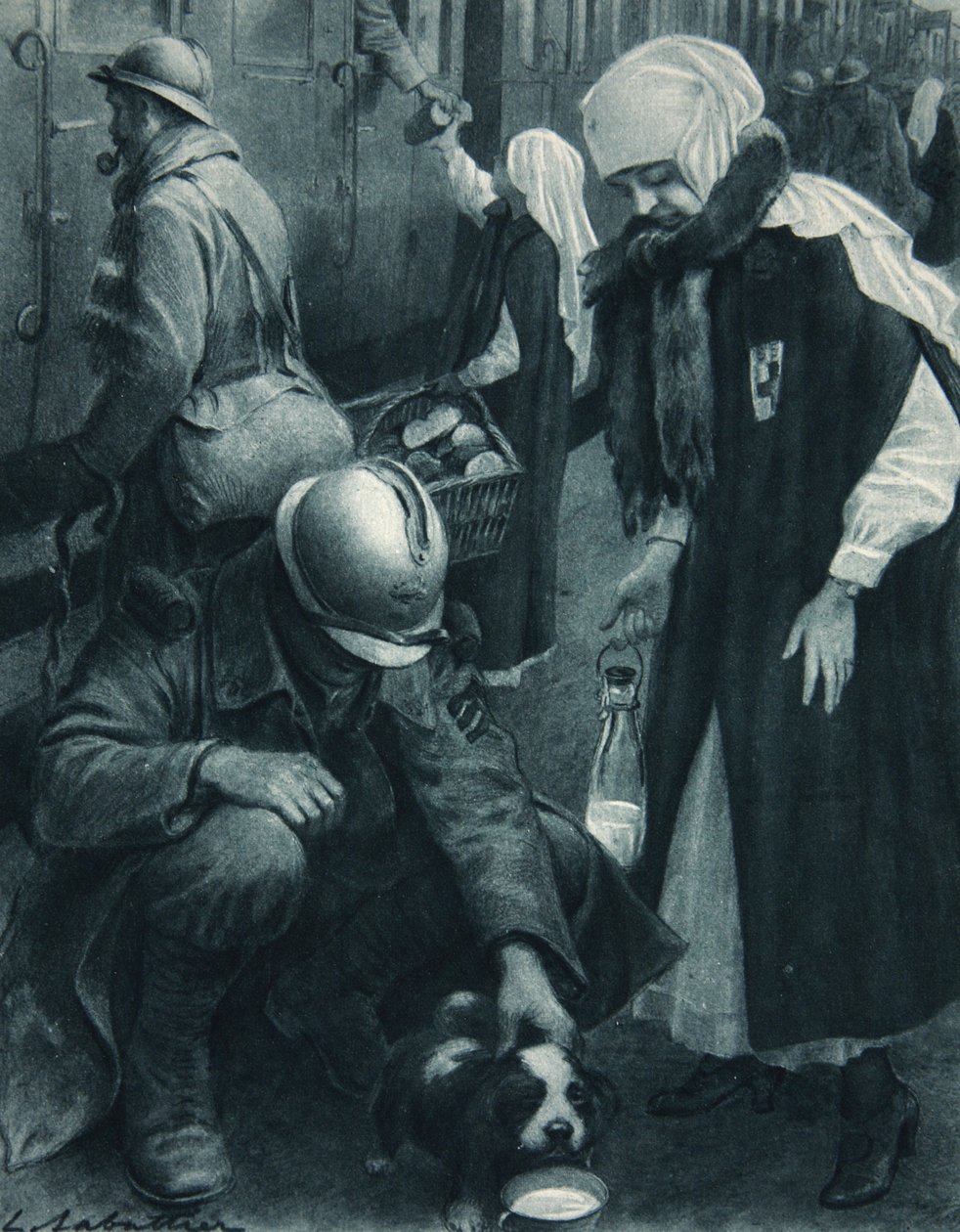 A Poilu, a kölyökkutya és a Vöröskereszt munkás, illusztráció a „The Illustrated War News”-ból, 1917. január 10. alkotó: Louis Remy Sabattier