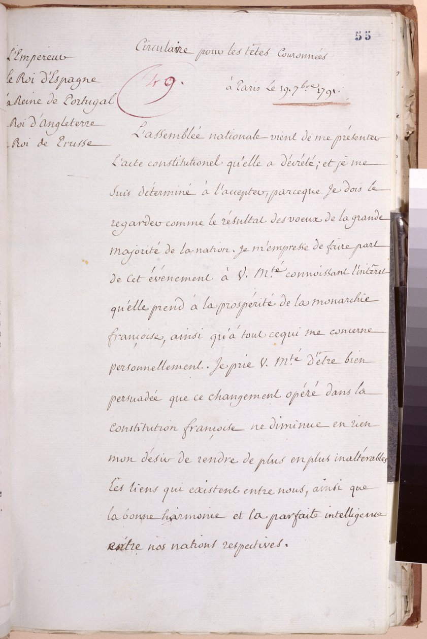 XVI. Lajos (1754-93) levele az európai uralkodókhoz, amelyben az 1791. évi alkotmány elfogadására vonatkozó döntését magyarázza, 1791. július 19. alkotó: Louis XVI
