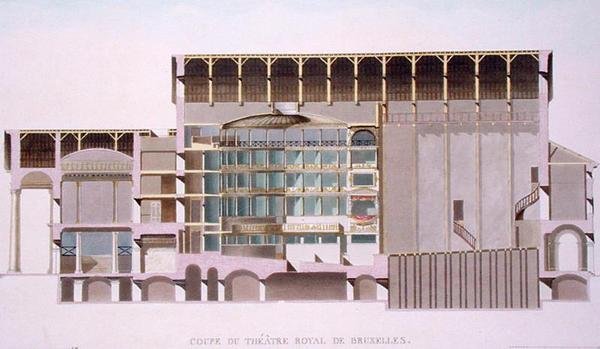 A brüsszeli Theatre Royal keresztmetszete, a Choix des Monuments, Edifices et Maisons les plus remarquables du Royaume des Pays-Bas című műből, Pierre Jacques Goetghebuer, a szerző metszete, megjelent: 1 alkotó: Louis Damesme