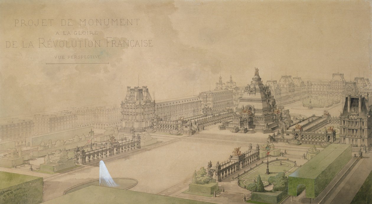 A Louvre-i piramis projekt a francia forradalom dicsőségének emlékműveként (ceruza, toll, tinta, mosógép és WC papíron) alkotó: Louis Ernest Lheureux