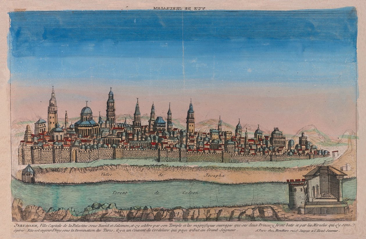 Jeruzsálem látképe, 1770 (kézzel színezett metszet) alkotó: Louis Joseph Mondhare