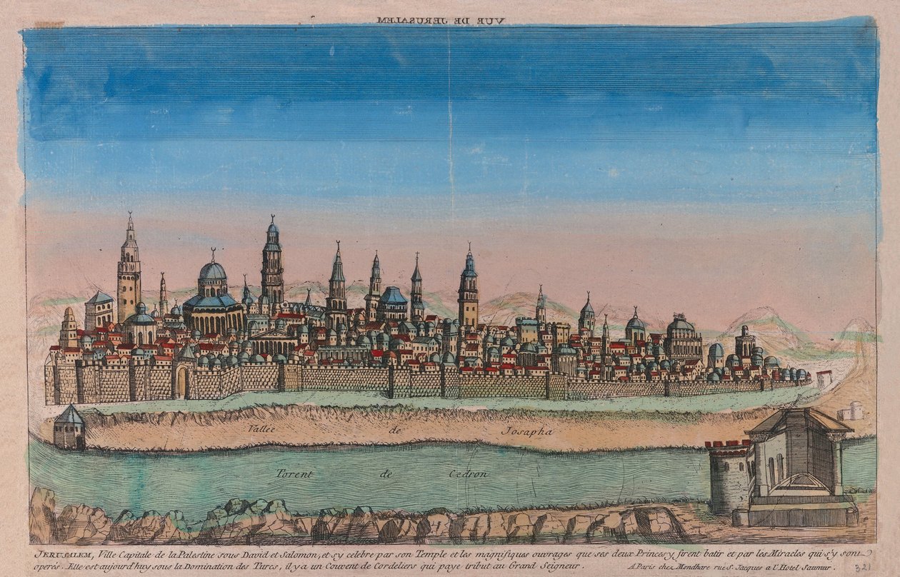 Jeruzsálem (Palesztina fővárosa Dávid és Salamon alatt...). Louis Joseph Mondhare munkája (aktív a 18. század közepén), rézmetszet, akvarellre színezve alkotó: Louis Joseph Mondhare