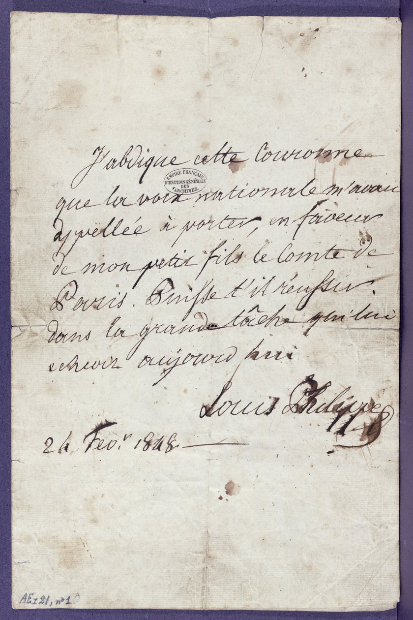 Louis-Philippe (1773-1850) trónról való lemondásáról szóló törvény unokája, Louis-Philippe Albert dOrleans (1838-94), Comte de Paris javára, 1848. február 24. alkotó: Louis Philippe
