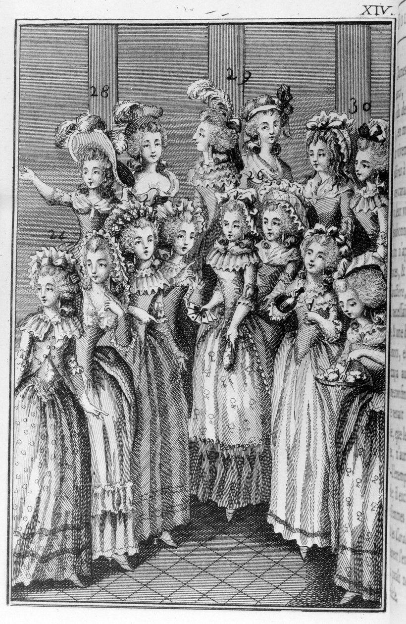Louis Binet (1744-1800) illusztrációja Nicolas Edme Restif de La Bretonne „Les Parisiennes” című könyvéhez, avagy a modern mórok XL általános karaktereihez, amelyek alkalmasak a l’instruction des Person-du-Sexe kiszolgálására, az új Lycee des mo emlékirata alkotó: Louis (after) Binet