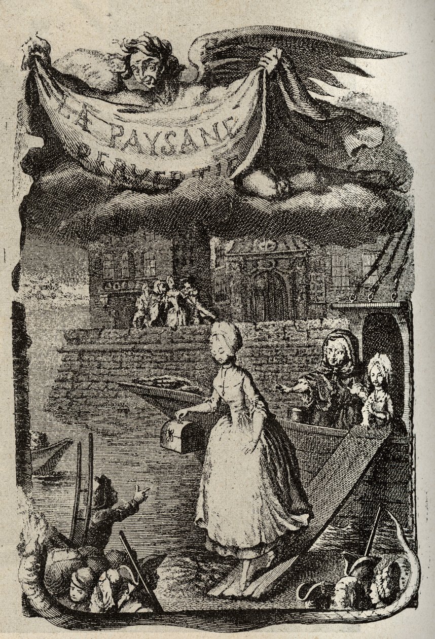 Restif de La Bretonne (1734-1806) francia író „Az elvetemült paraszt vagy a város veszélyei” című művének illusztrációja. Binet metszete a 18. századból. alkotó: Louis (after) Binet