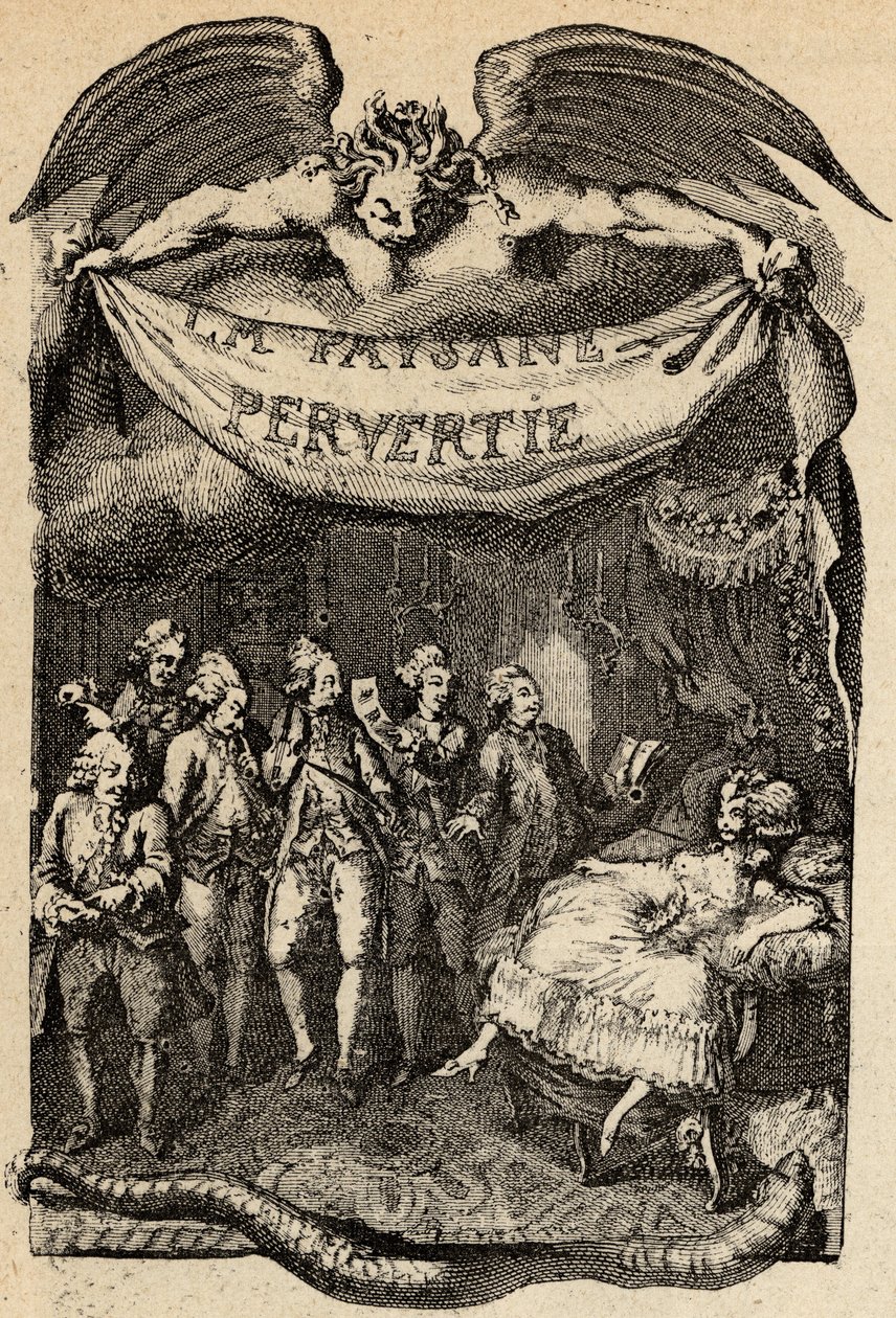 Restif de La Bretonne (1734-1806) francia író „Az elvetemült paraszt vagy a város veszélyei” című művének illusztrációja. Binet metszete a 18. századból. alkotó: Louis (after) Binet