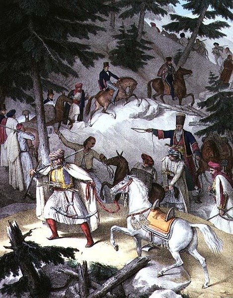 Utazás Athénba és Konstantinápolyba: Le Pinde, átkelés Janinából Tricalába (litho) alkotó: Louis (after) Dupre