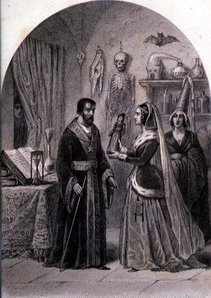 Egy ügyfél meglátogat egy varázslót, vésette Philibert Langlois (fl.c.1834-9) (metszet) alkotó: Louis (after) Marckl