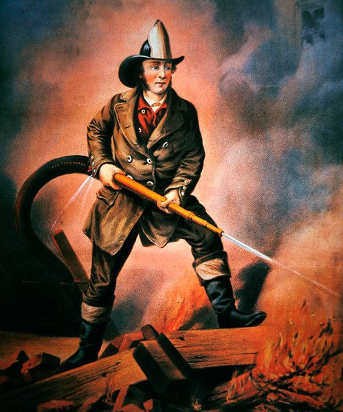 The American Fireman: Facing the Enemy, kiadó: Currier & Ives alkotó: Louis (after) Maurer