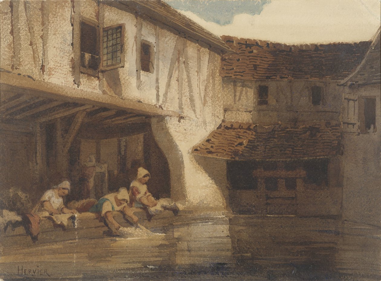 A nők egy vízparti lakópark nyitott csarnokában mosnak alkotó: Louis Adolphe Hervier (signed by artist)