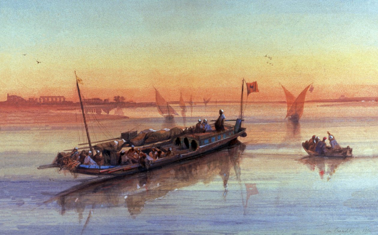 Felucca a Nílus folyón fekszik, Théba környékén alkotó: Louis Amable Crapelet