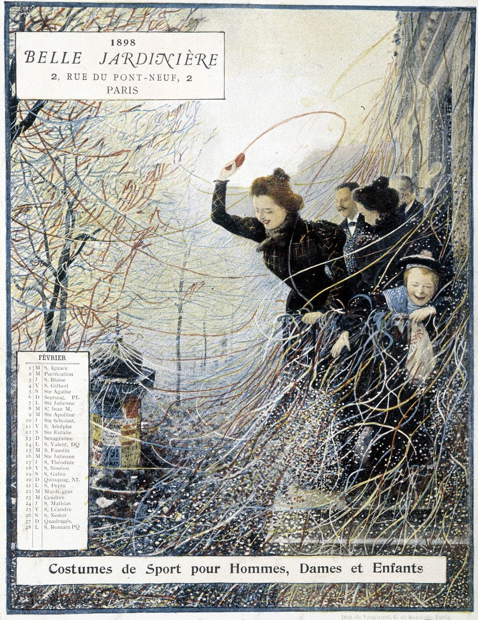 Február: a „” Mardi Gras” karneválja – „” La Belle Jardinière” bolti naptár” alkotó: Louis Anet Sabatier