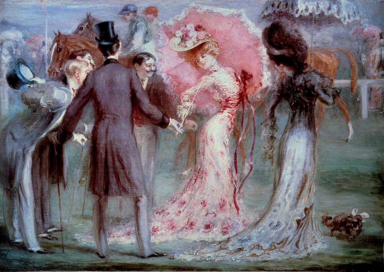 Jó idő: "" Mérlegelés"" Fiatal nőket vizsgáló férfiak a lóversenyhez való ragaszkodással. Louis Anquetin (1861-1932) festménye, 20. századi magángyűjtemény alkotó: Louis Anquetin