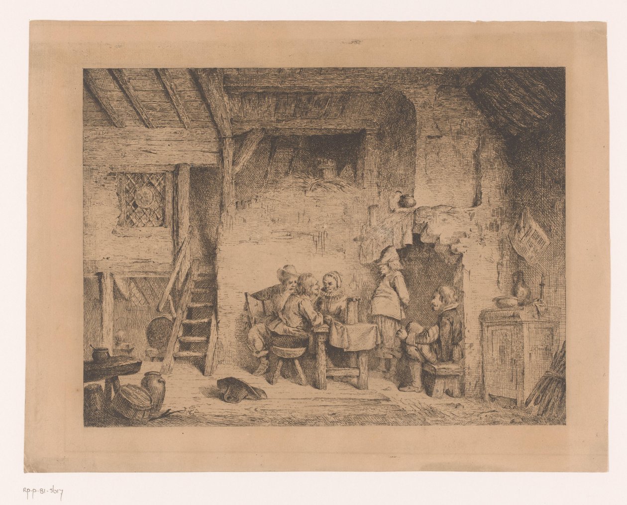 Társaság tizenhatodik századi ruhákban egy kocsmában Le recit au kabarét alkotó: Louis Antoine Carolus