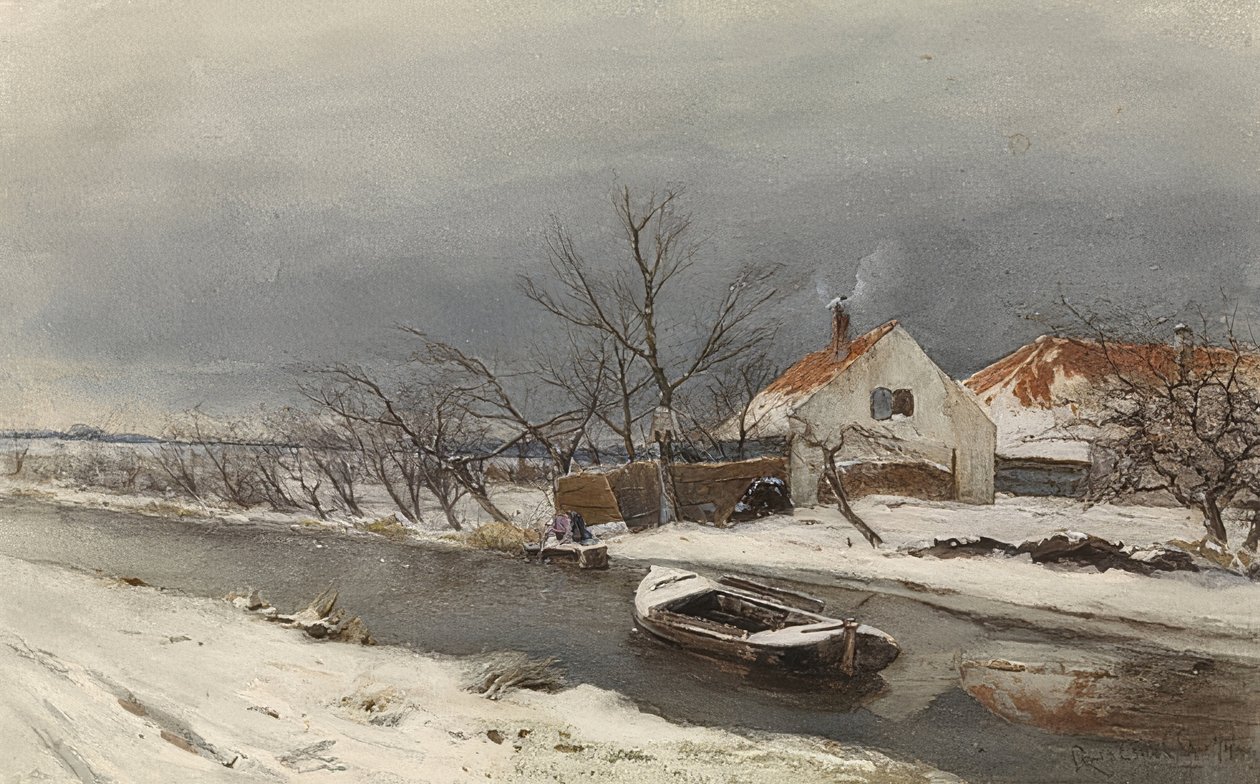 Winterlandschaft mit Häusern und einem Kanal (Téli táj házakkal a csatornán). 1874 alkotó: Louis Apol