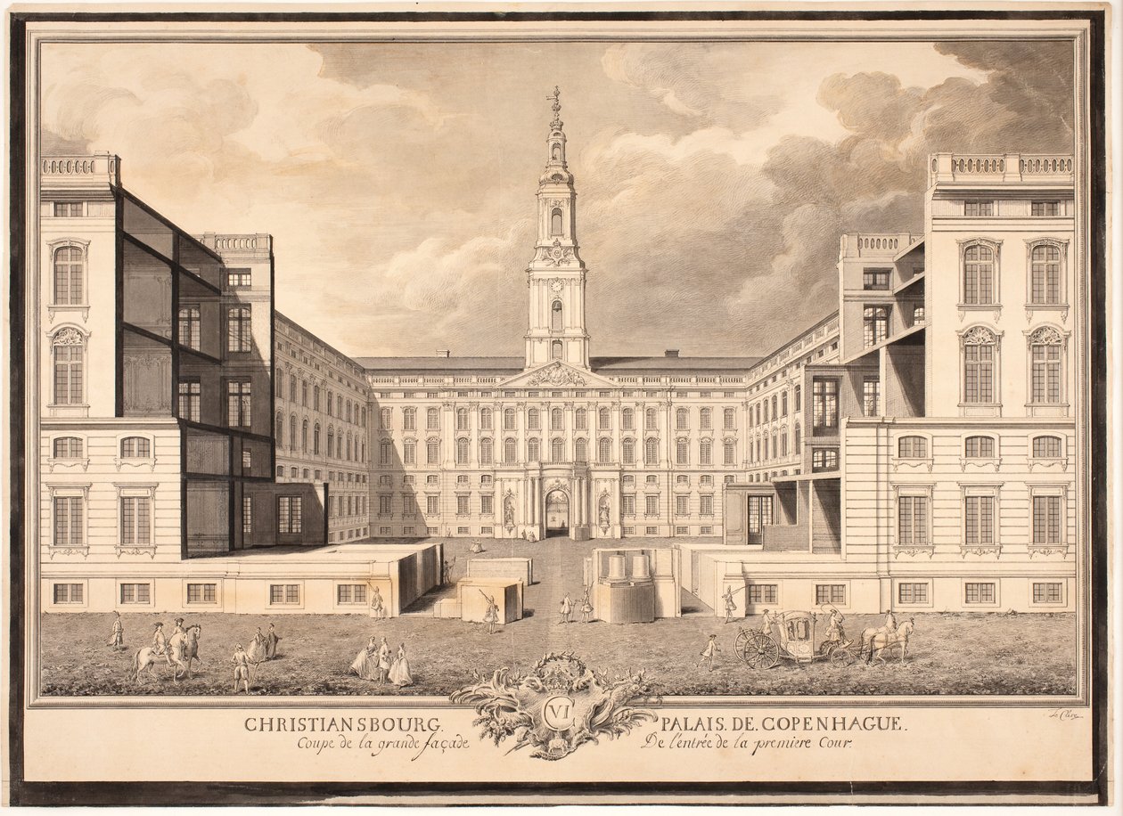Christiansborg palota Koppenhágában. Az első udvar bejáratának nagy homlokzatának metszete alkotó: Louis Auguste Le Clerc