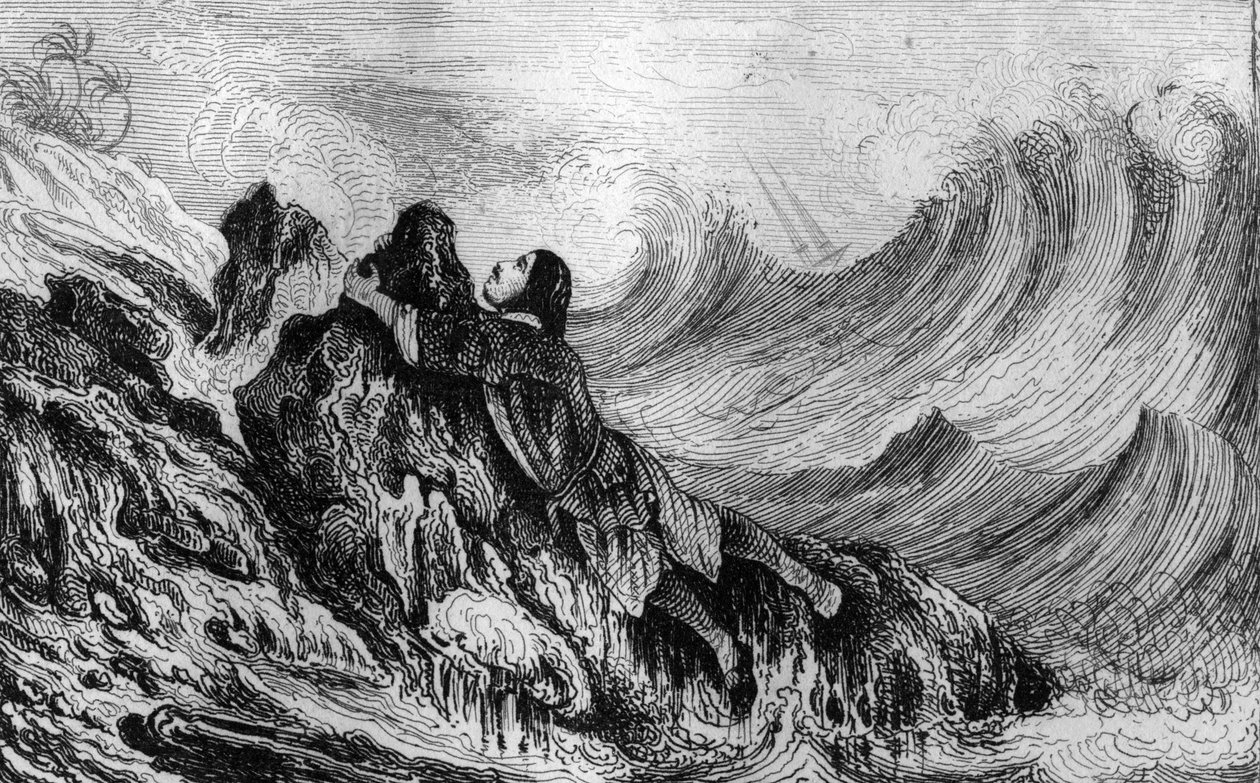 Elhatároztam, hogy egy sziklacsúcshoz rögzítem magam... metszet M. de Sainson rajza nyomán Daniel Defoe könyvéhez (De foe) „Robinson Crusoe”” 1837-es francia kiadás. alkotó: Louis Auguste de Sainson