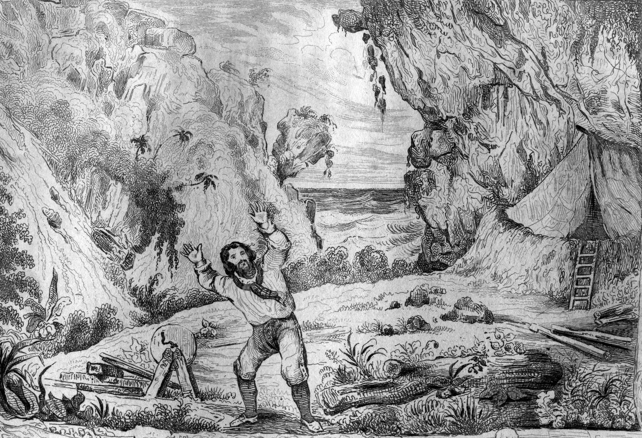 Háromszor is megremegett a terep a lábam alatt, M. de Sainson rajza nyomán Daniel Defoe könyvéhez (De foe) „” Robinson Crusoe”” 1837-es francia kiadás. alkotó: Louis Auguste de Sainson