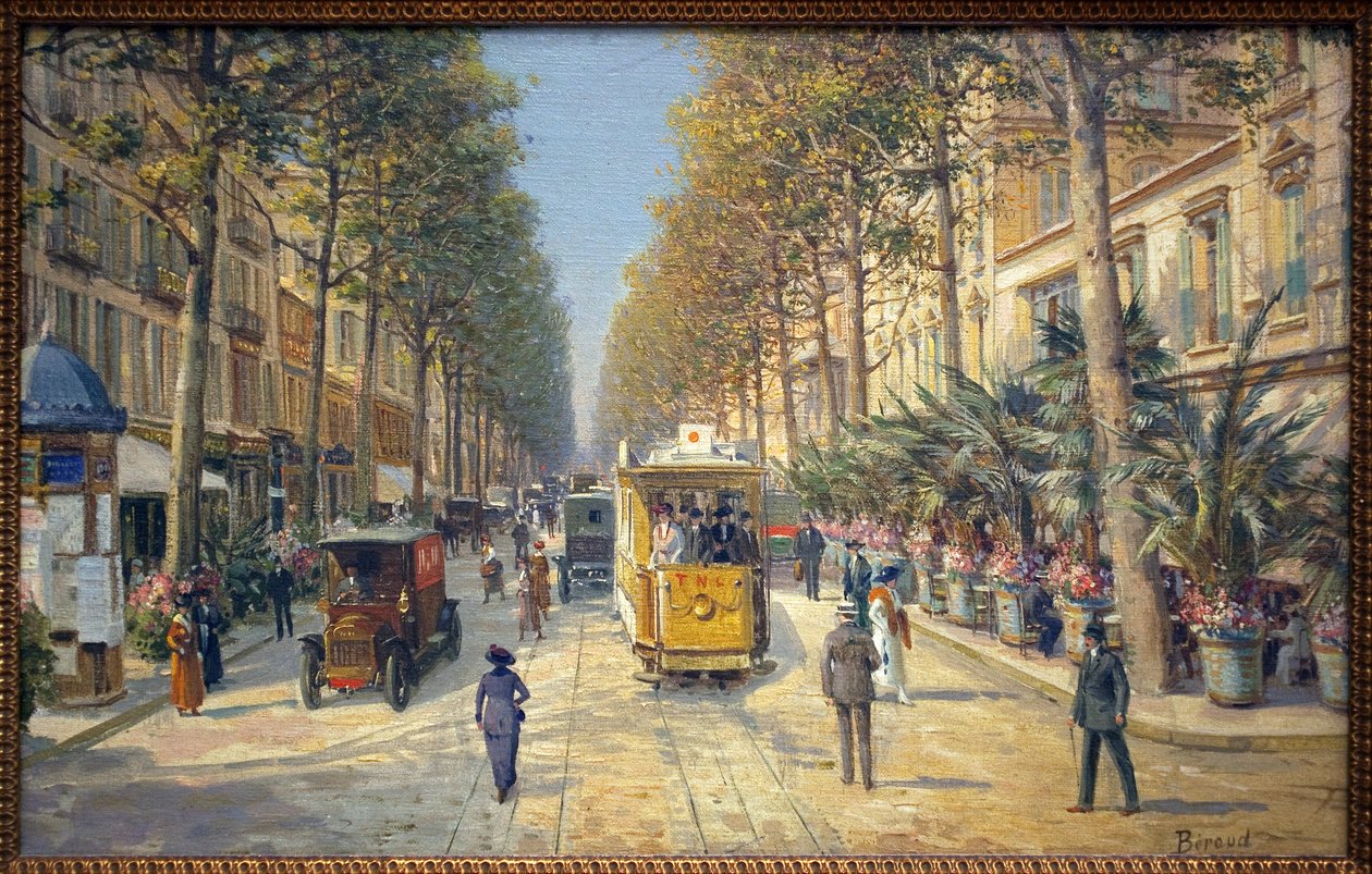 Avenue de la Gare Nizzában (jelenlegi Jean Medecin sugárút). A bal oldalon egy Morris oszlop látható. Louis Beroud (1852-1930) festménye, olaj, vászon, francia művészet, XX. század eleje. Musee Massena, Nizza. alkotó: Louis Beroud