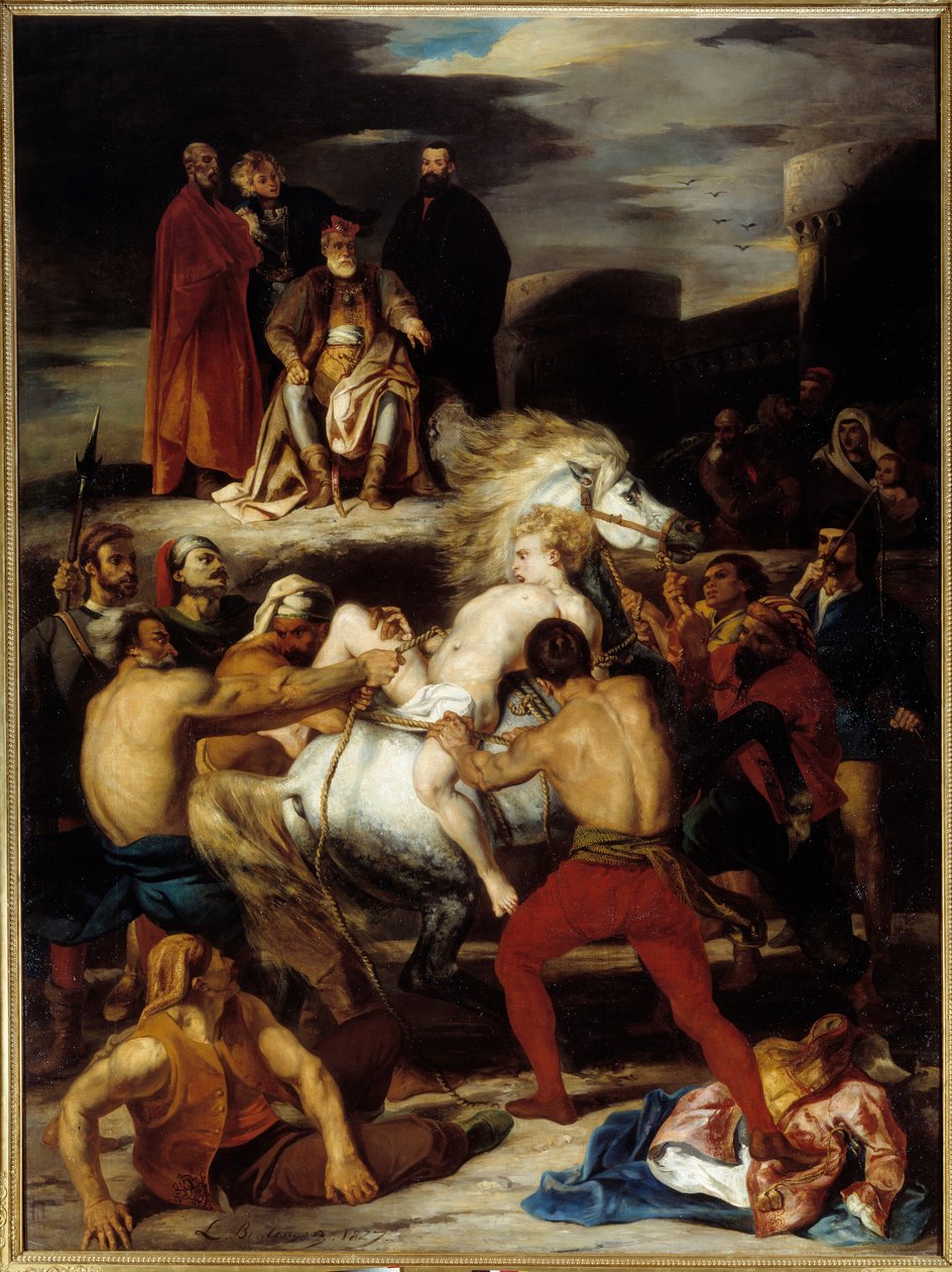 Mazeppa kínja. Mazeppát Palatin gróf parancsára egy vadlóhoz kötik, akit megsértett. Illusztráció Lord Byron „Mazeppa” című verséhez. Louis Boulanger (1806-1867) festménye alkotó: Louis Boulanger