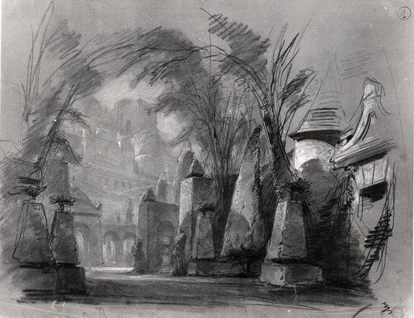 Victor Hugo (1802-85) „Les Burgraves” (1843) díszletterve (ceruza ? papíron) (f/w fotó) alkotó: Louis Boulanger