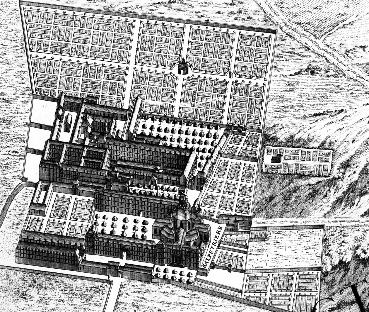 A La Salpêtrière Kórház, részlet a Párizsi Tervből, Plan de Turgot néven ismert, Claude Lucas metszetében, 1734-39 metszet 233535. alkotó: Louis Bretez