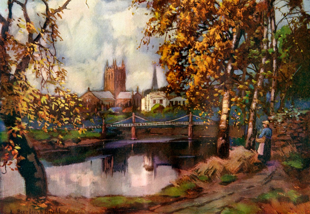 Herefordi katedrális, a folyami sétánytól, Herefordshire, 1924-1926. alkotó: Louis Burleigh Bruhl