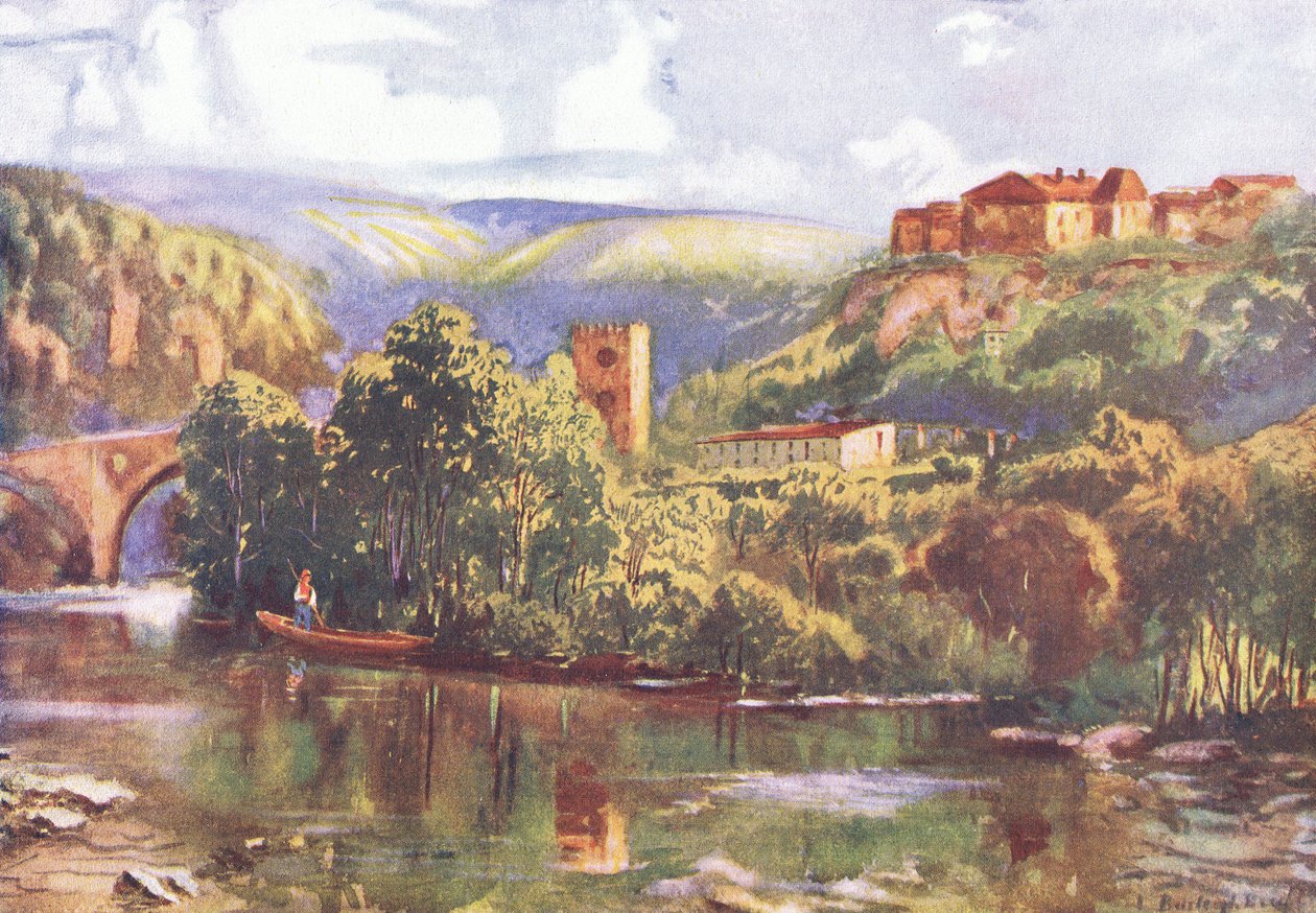 A Tejo folyón, Hutchinson festői Európájából, a Hutchinson & Son kiadásában, 1930 körül (színes litó) alkotó: Louis Burleigh Bruhl