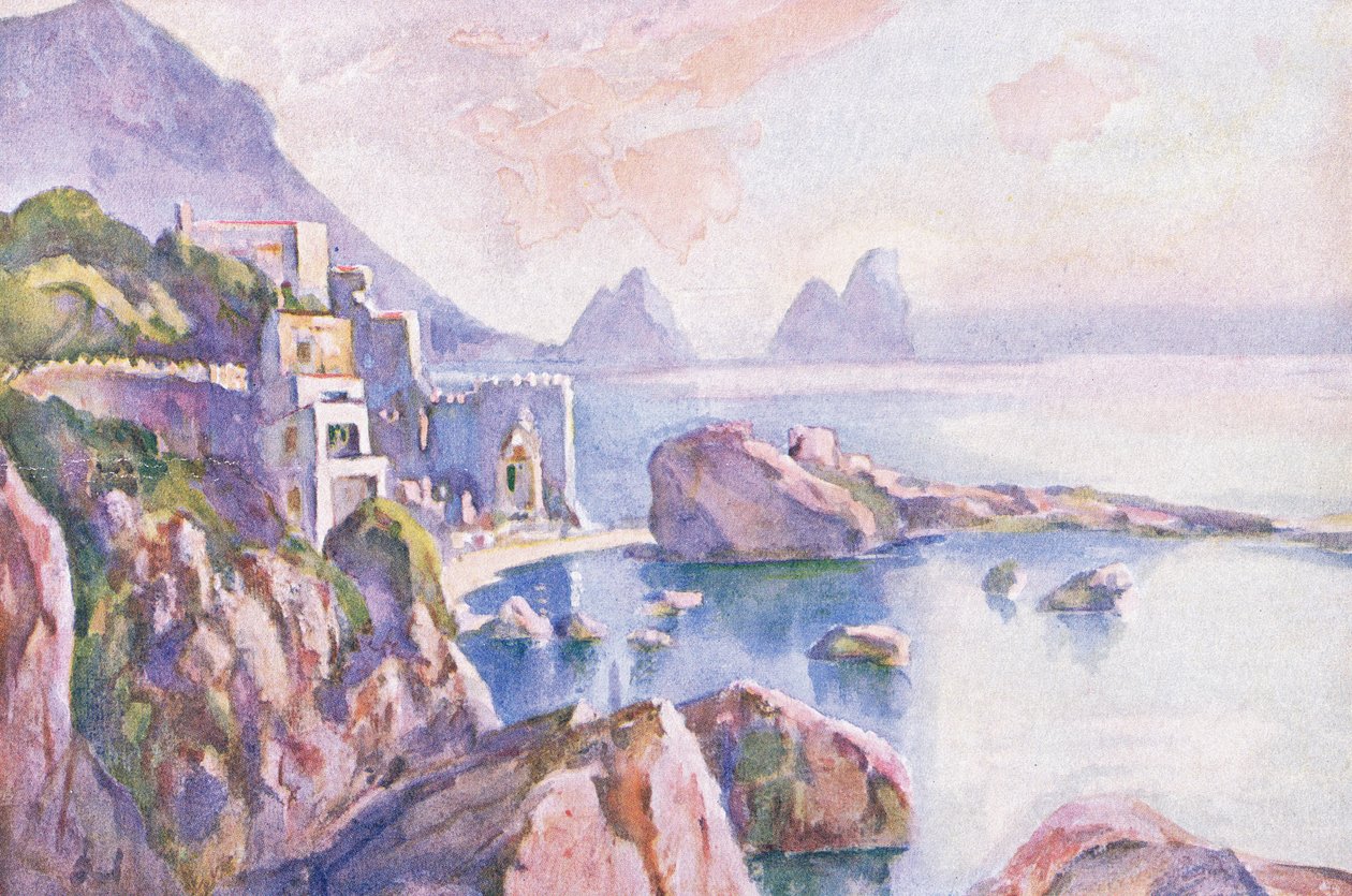 Capri szigete a Hutchinson festői Európájából, a Hutchinson & Son kiadásában, 1930 körül alkotó: Louis Burleigh Bruhl