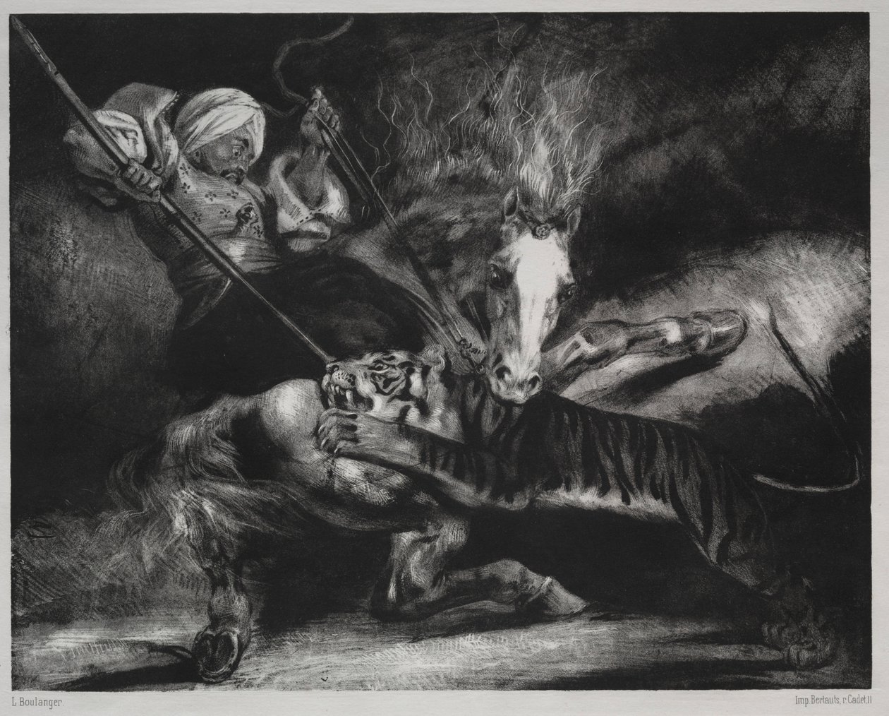 Egy tigris támadása. alkotó: Louis Candide Boulanger