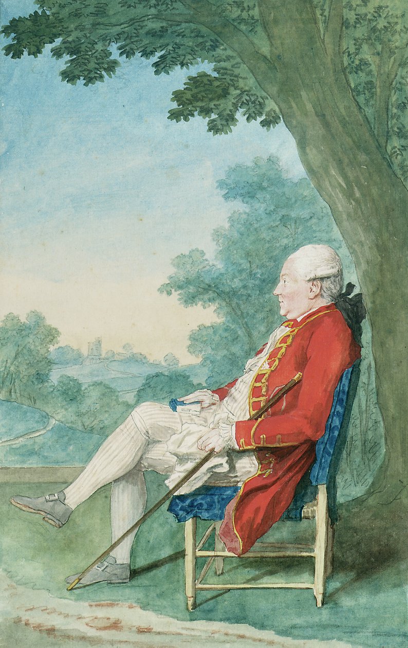 Mr. O"Flanagan profilban ül balra egy parkban, 1771 alkotó: Louis Carrogis